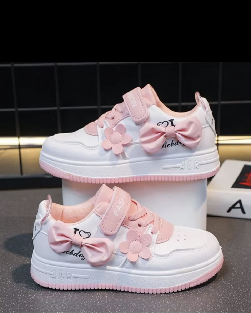 Unbranded Toddler Girls' White and Pink Bow and Flower Sneakers 2