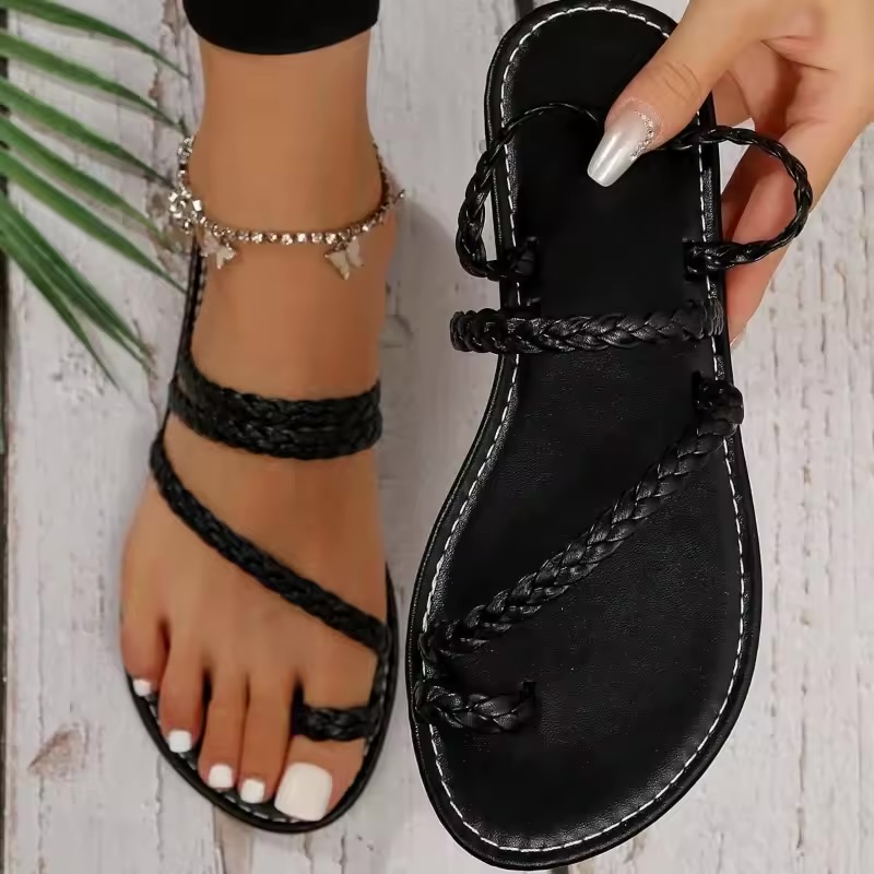Women's Braided Multi-Strap Toe-Loop Flat Sandals