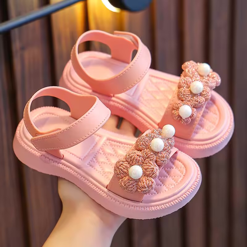 Girls' Glitter Flower Faux-Pearl Open-Toe Sandals