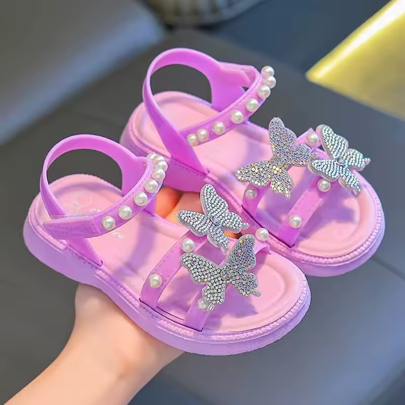 Girls' Rhinestone Butterfly Faux-Pearl Accent Sandals