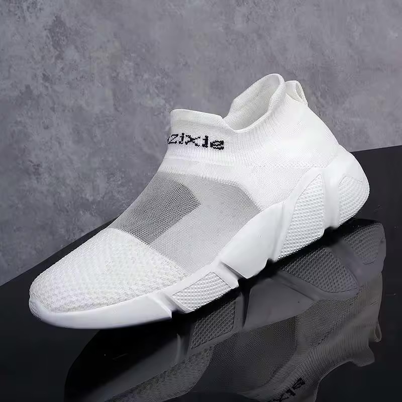Adult Triple-White Sock-Knit Slip-On Sneakers 2