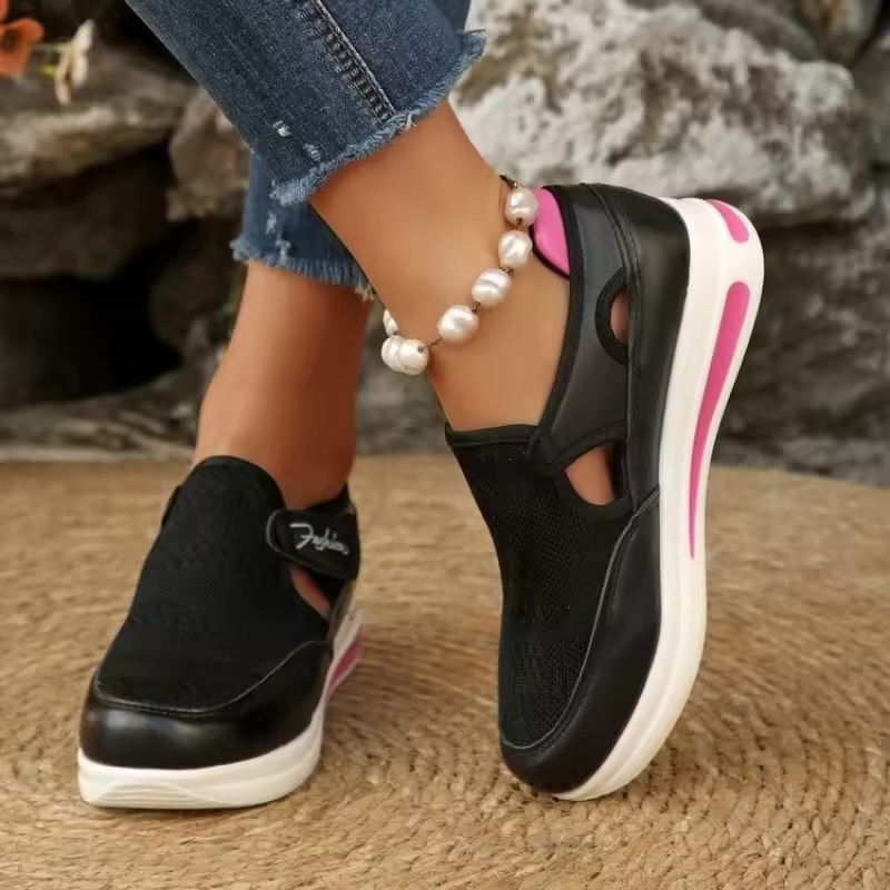 Women's Black and Pink Cutout Platform Sneakers