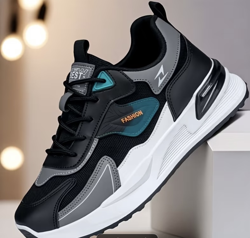 Men's Mixed-Media Athletic Fashion Sneaker (Black / Grey / Teal)