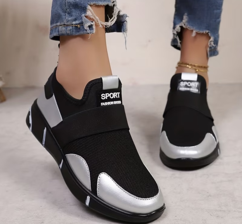 Sport Fashion" Metallic Silver Slip-On Mesh Sneaker