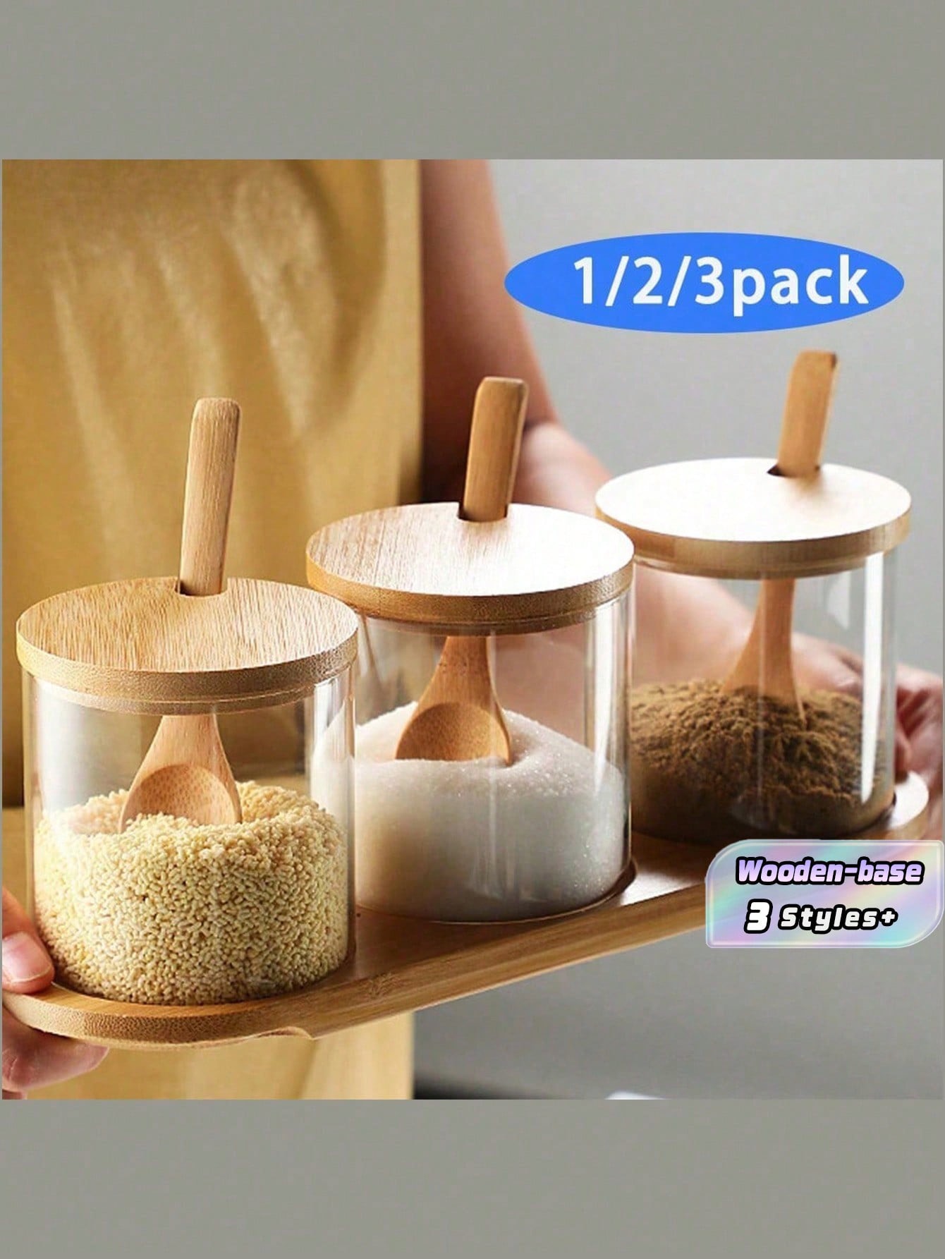 Glass Seasoning Pot Set with Bamboo Bases & Spoons