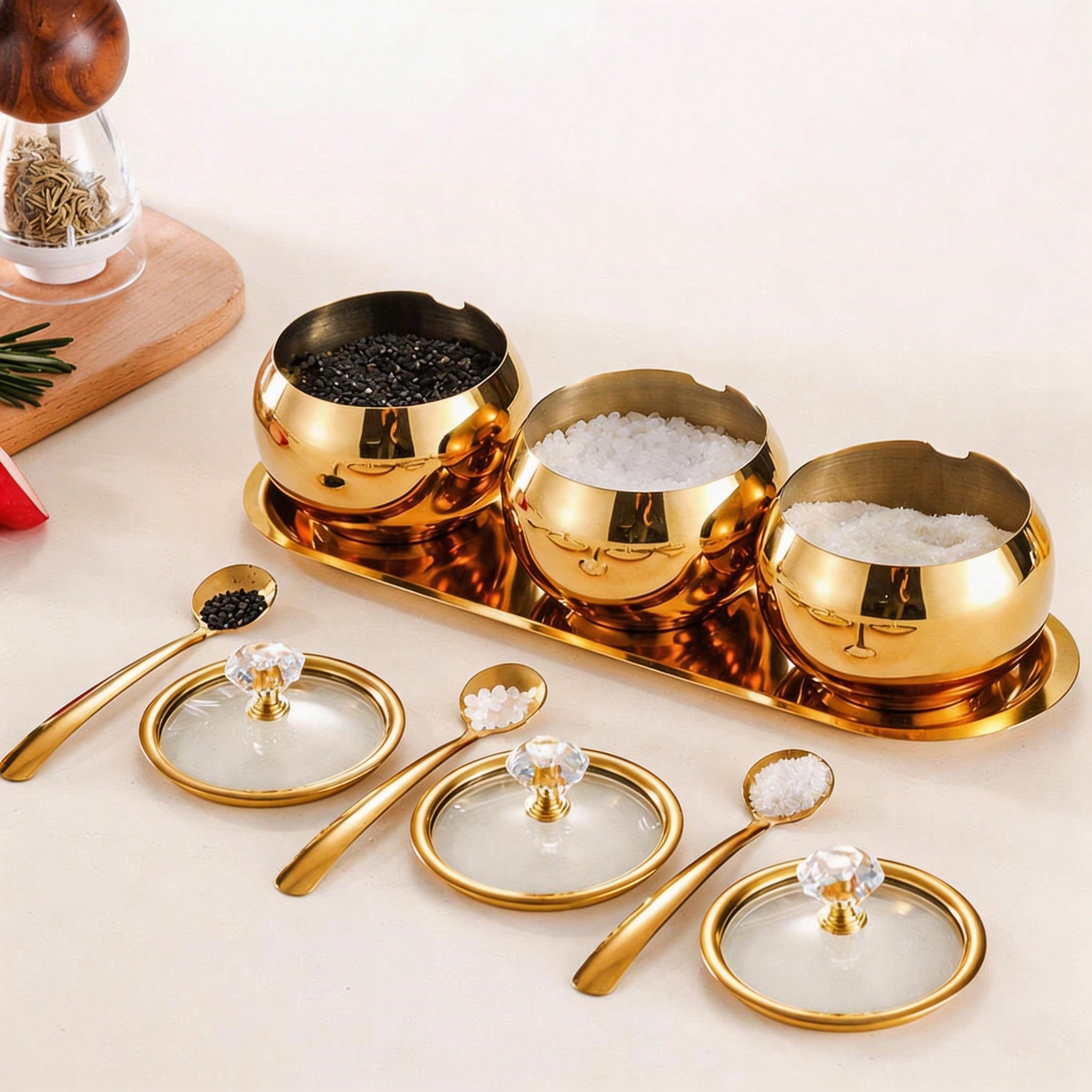 Luxury Stainless Steel Gold Condiment Pot Trio
