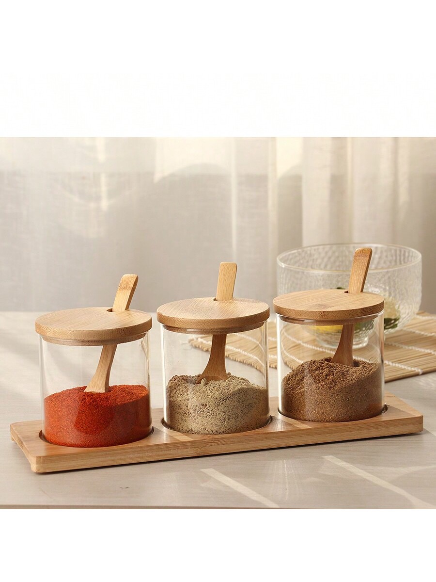 Cylindrical Glass Condiment Pots on Bamboo Serving Tray