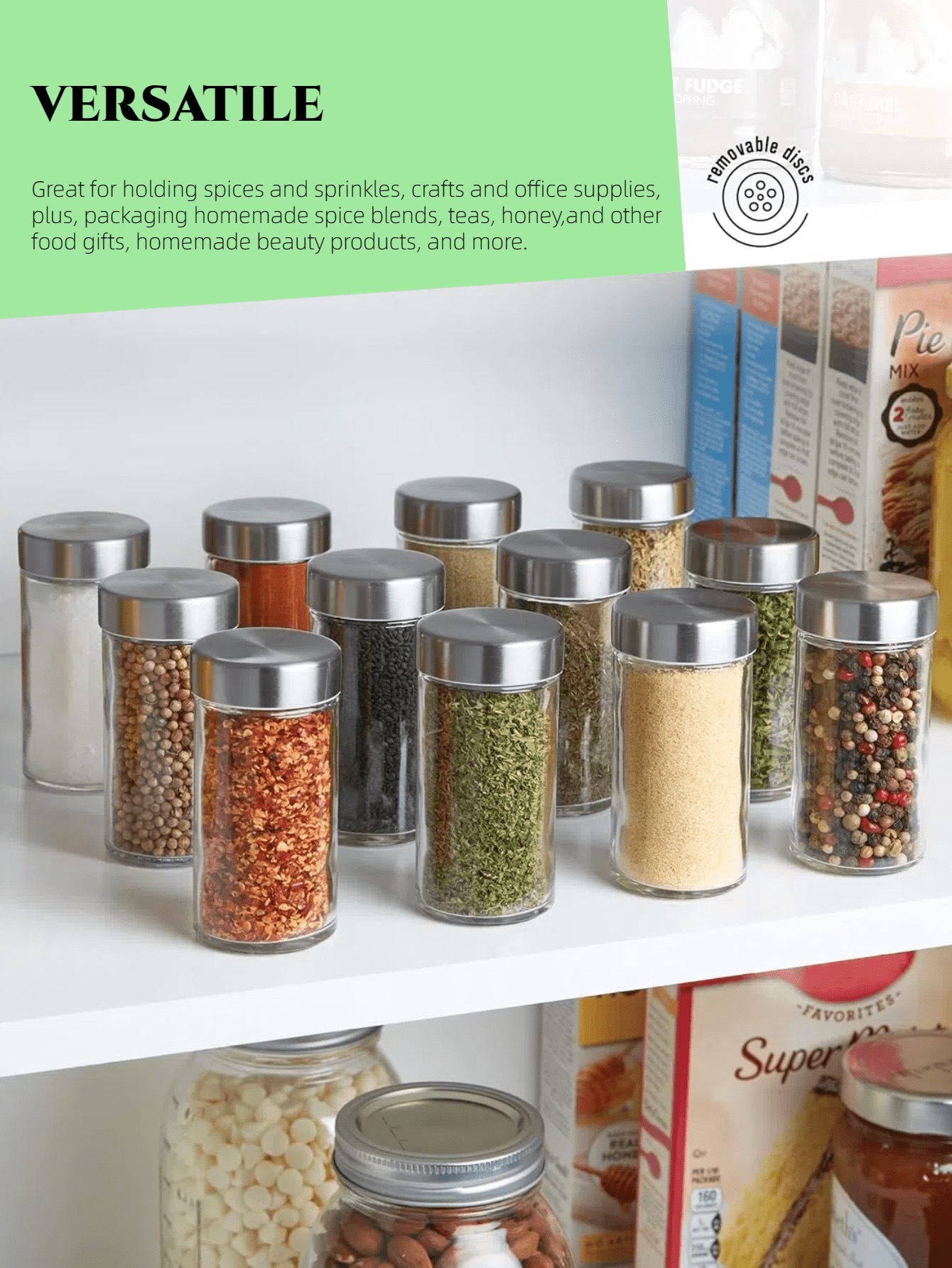 Clear Glass Spice Jars with Brushed Stainless Steel Lids