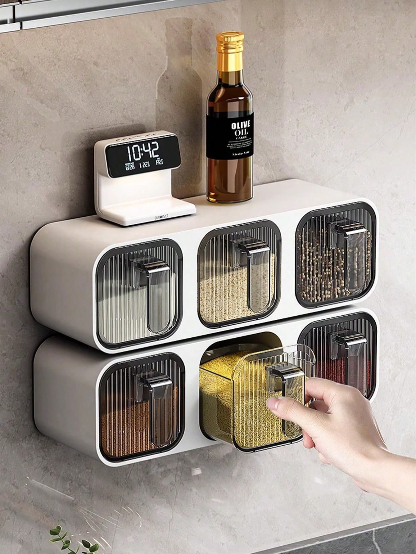 Wall-Mounted Fluted-Glass Seasoning Drawer Organizer