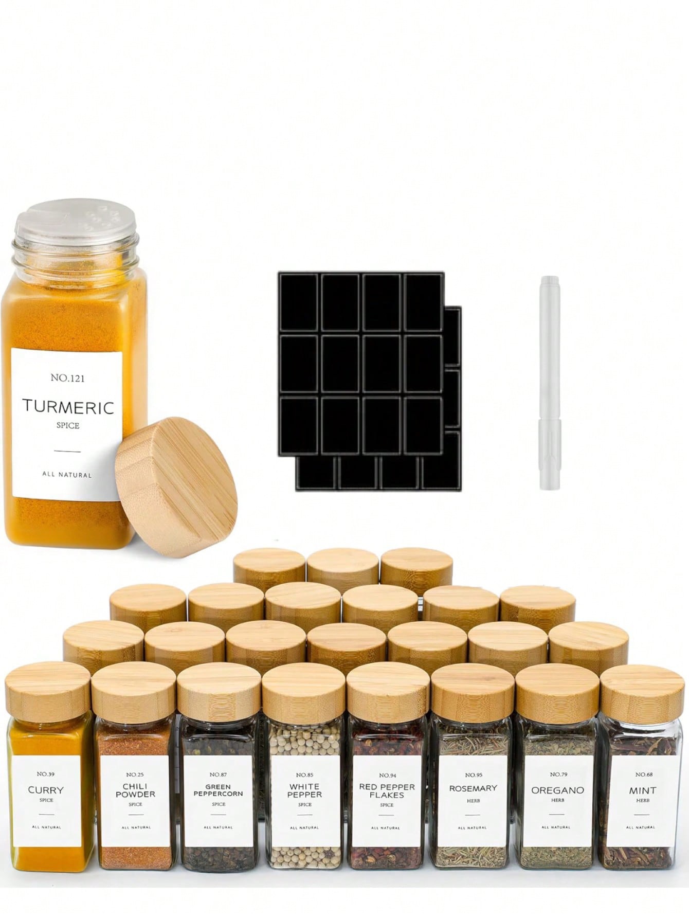 French Square Spice Jar Set with Minimalist Labels & Bamboo Lids