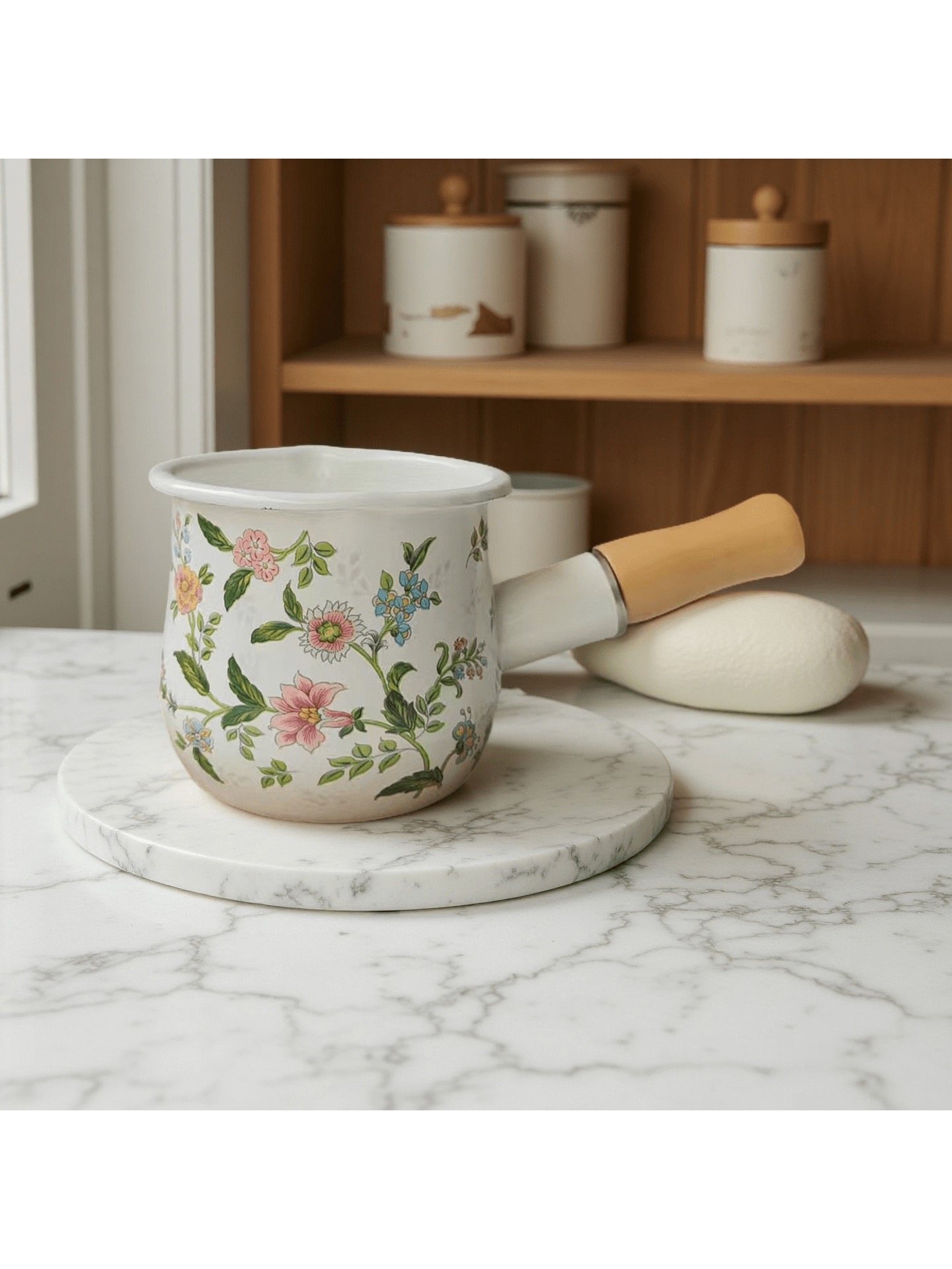Floral Ceramic Milk Pan with Wooden Handle