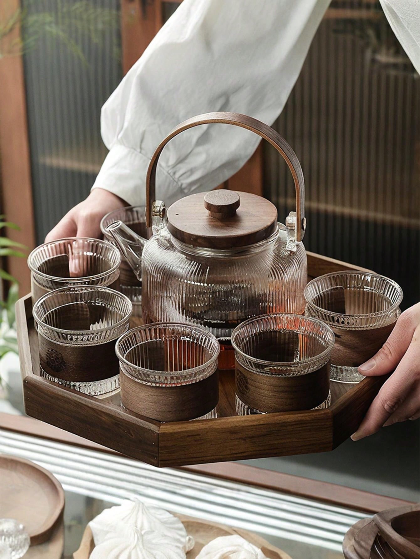 Fluted Glass Tea Set with Walnut Accents