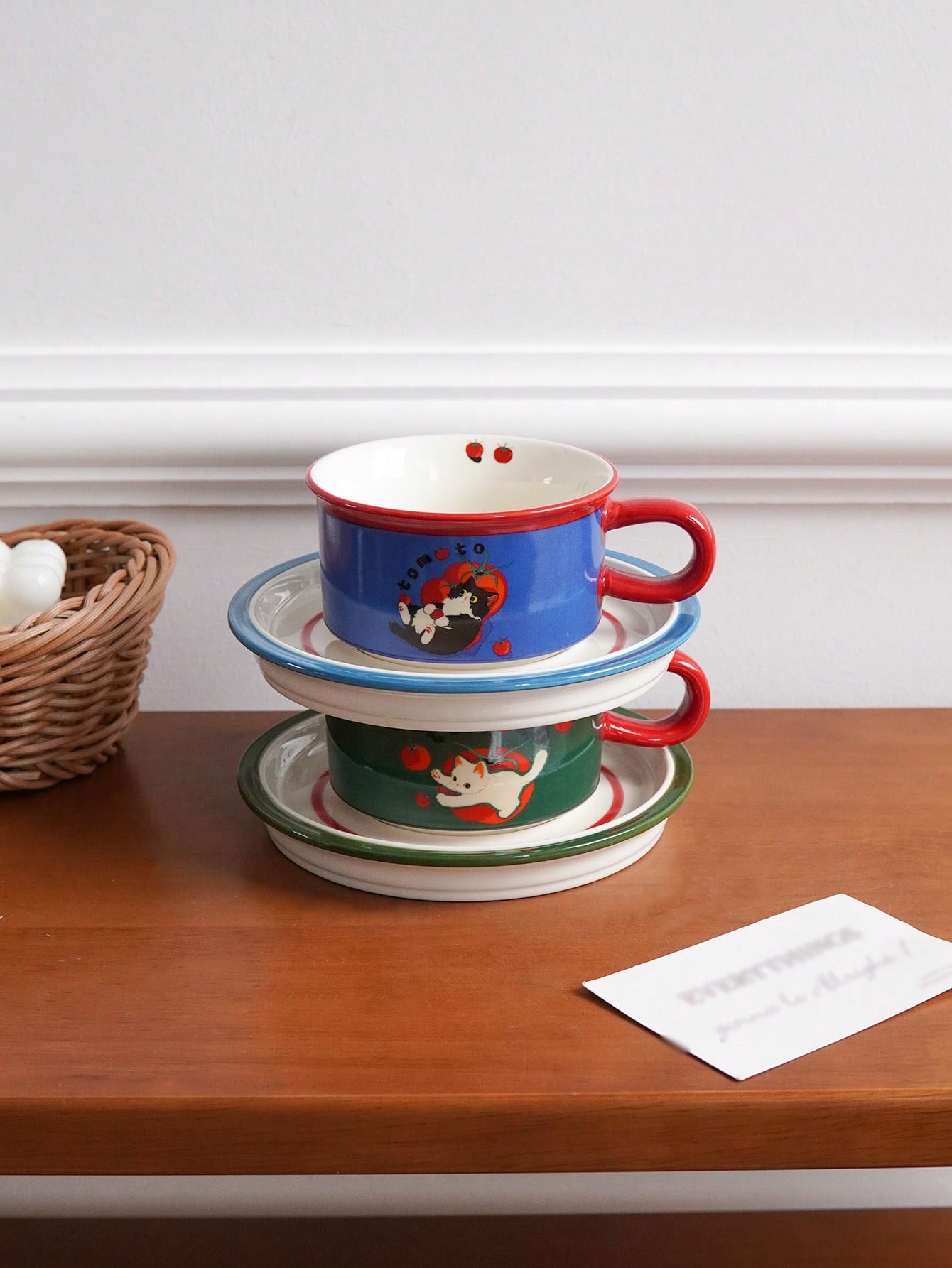 Ceramic Cartoon Cat Soup Bowls with Saucers