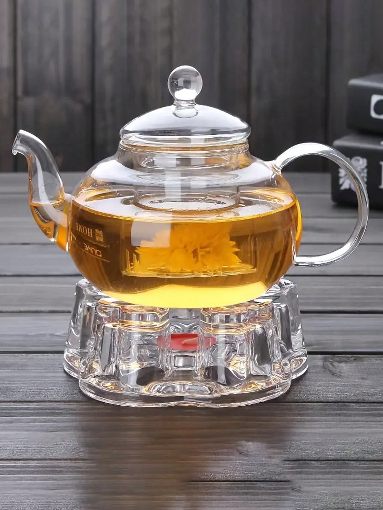 Clear Glass Blooming Teapot with Warmer Base