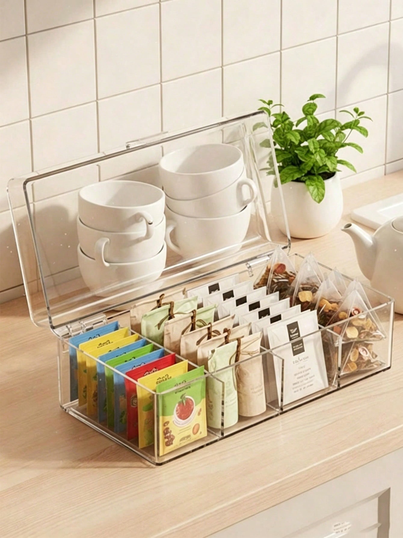 Multi-Compartment Acrylic Tea and Cup Organizer