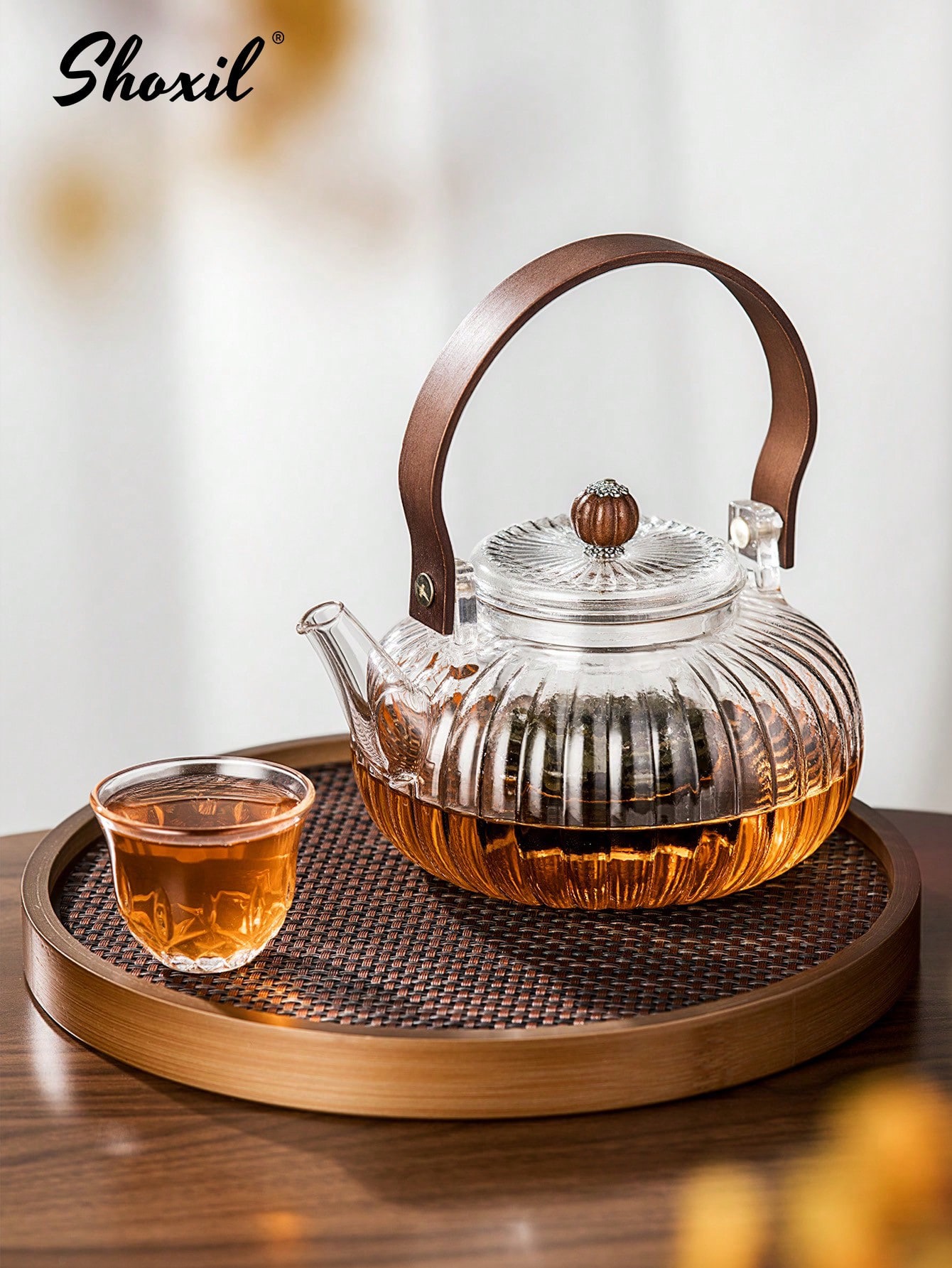 Ribbed Glass Teapot with Leather Overhead Strap