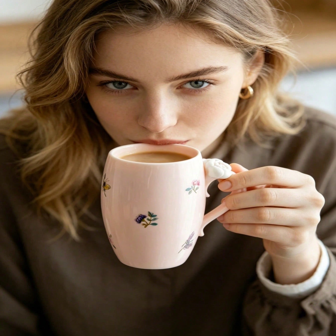 Floral Ceramic Mug with Flower Accent Handle