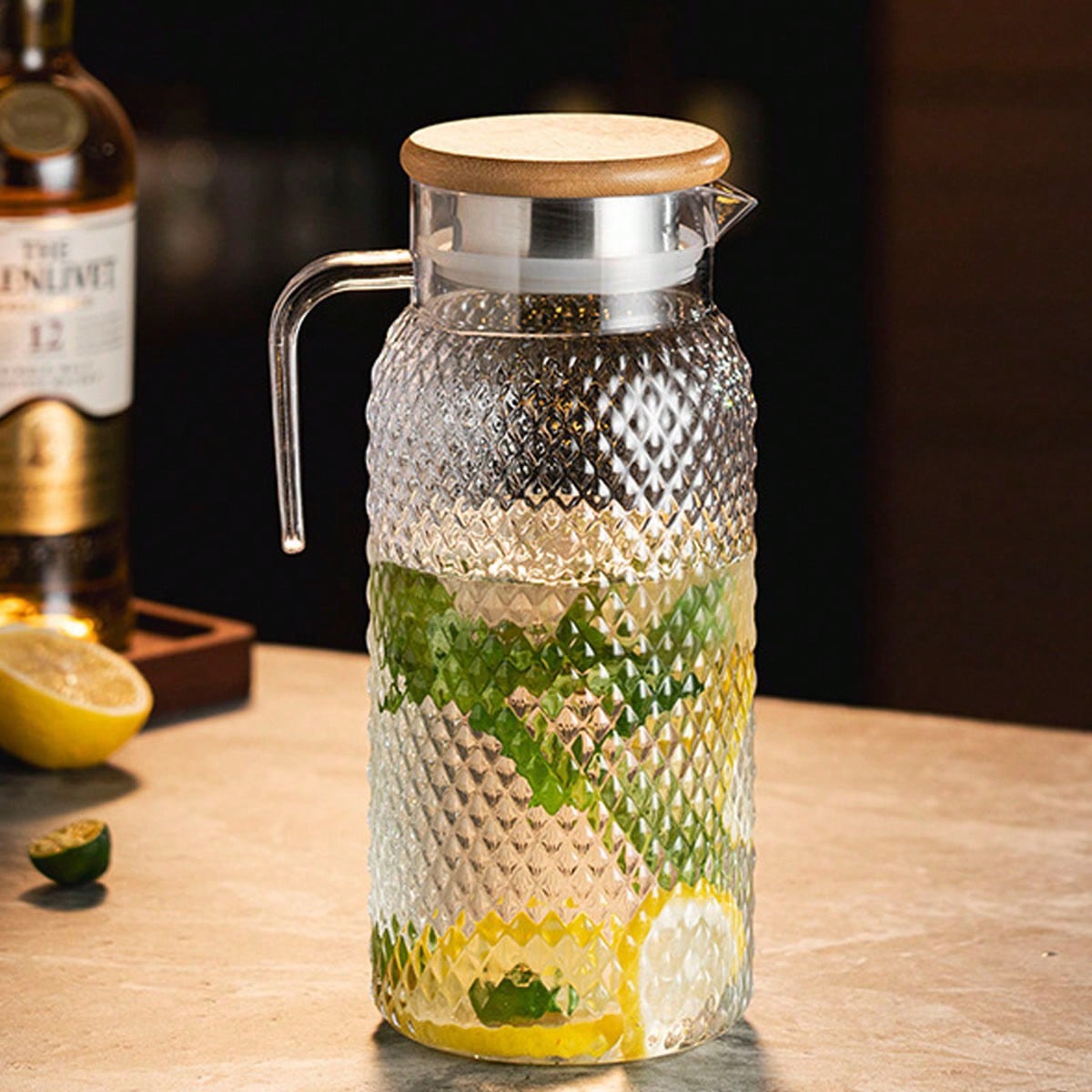 Diamond-Patterned Glass Pitcher with Bamboo Lid