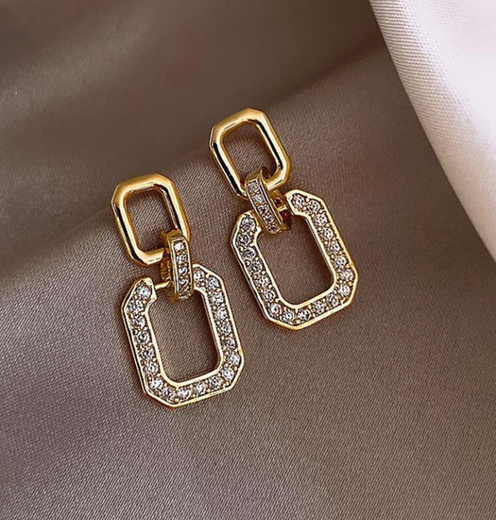 Women's Elegant Rhinestone Geometric Link Drop Earrings, Chic Gold-Toned Rectangle Huggie Statement Earrings, Modern Formal Jewelry 3