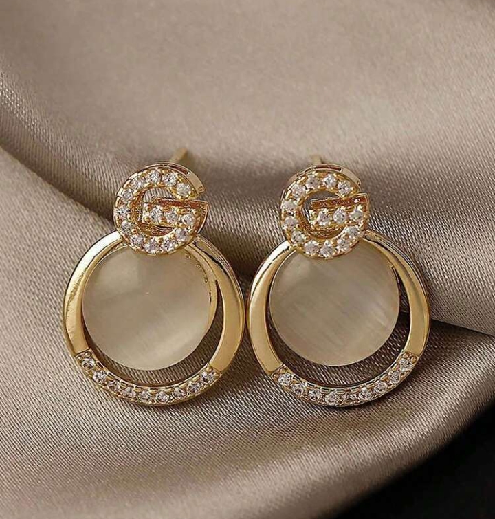 Women's Elegant Faux Opal Round Drop Earrings, Chic Rhinestone Letter G Geometric Stud Earrings, Sophisticated Fashion Jewelry