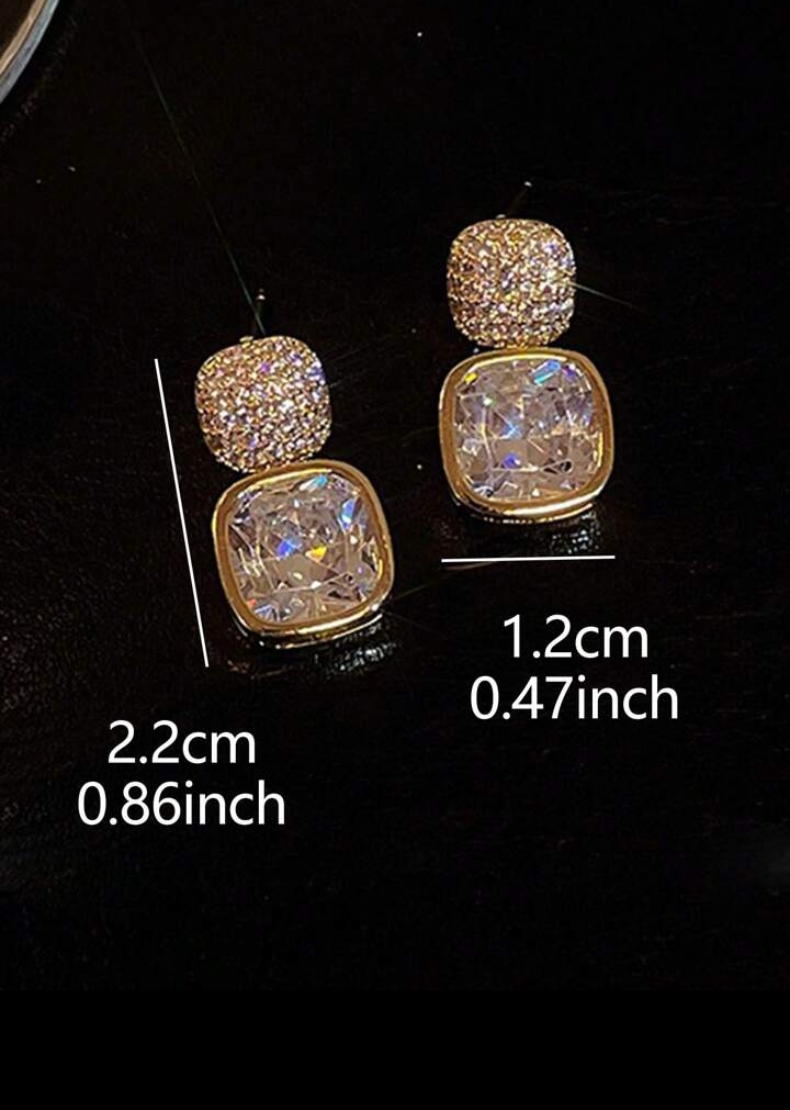 Women's Elegant Faux Druzy Quartz Drop Earrings, Chic Rhinestone Square Post Earrings, Sparkling Gold-Toned Evening Fashion Jewelry 2