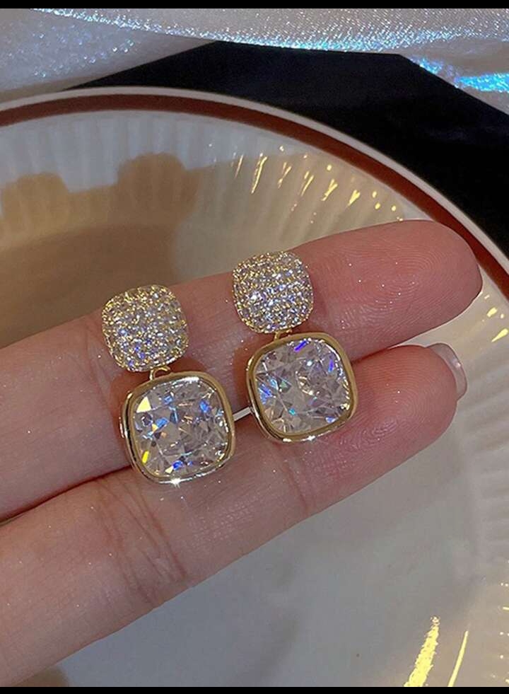 Women's Elegant Faux Druzy Quartz Drop Earrings, Chic Rhinestone Square Post Earrings, Sparkling Gold-Toned Evening Fashion Jewelry 3