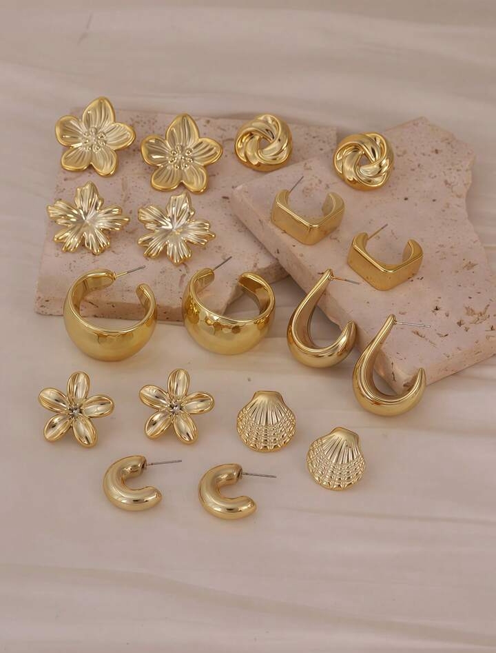 Women's 5-Pair Vintage Gold Stud Earring Set, Chunky Metallic Knot Teardrop Flower Abstract Hoop Earrings, Retro Fashion Jewelry Multi-Pack 2