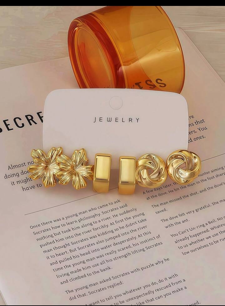 Women's 5-Pair Vintage Gold Stud Earring Set, Chunky Metallic Knot Teardrop Flower Abstract Hoop Earrings, Retro Fashion Jewelry Multi-Pack 3