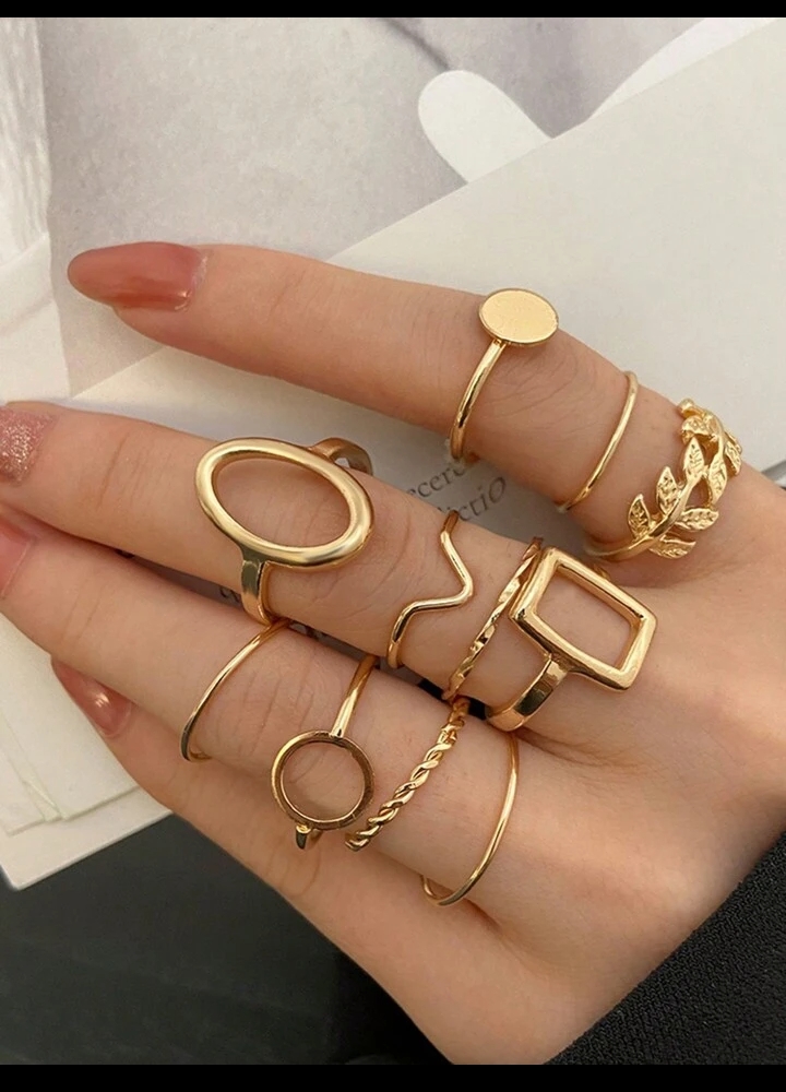 Women's 10-Piece Minimalist Gold Stackable Ring Set, Boho Geometric Hollow Round Oval Square Wave Rope Leaf Joint Midi Finger Rings Pack