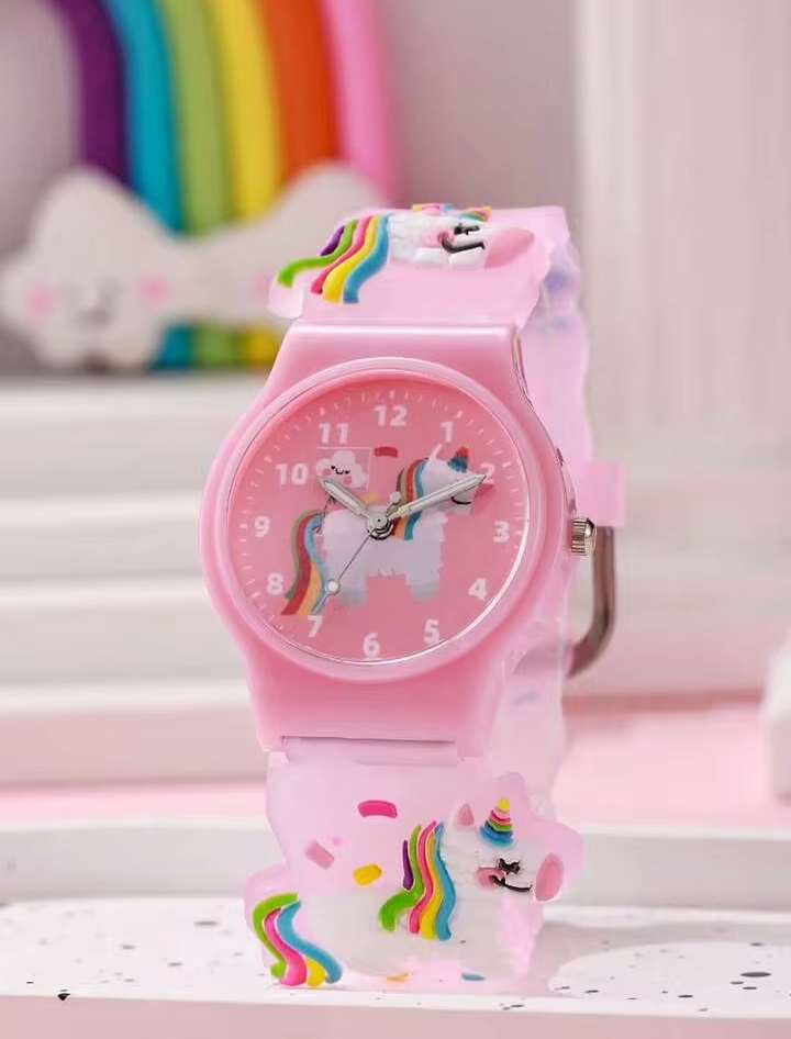 Kids' 3D Cartoon Unicorn Analog Watch, Cute Colorful Learning Time Quartz Wristwatch for Girls with Rainbow Silicone Strap