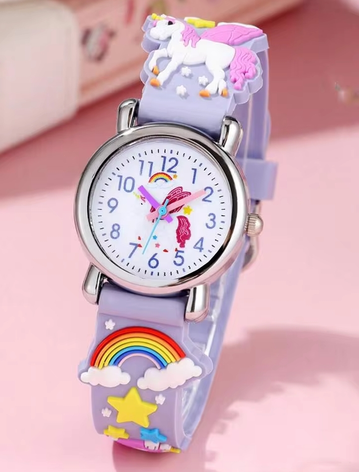Kids' 3D Cartoon Unicorn Analog Watch, Cute Colorful Learning Time Quartz Wristwatch for Girls with Rainbow Silicone Strap