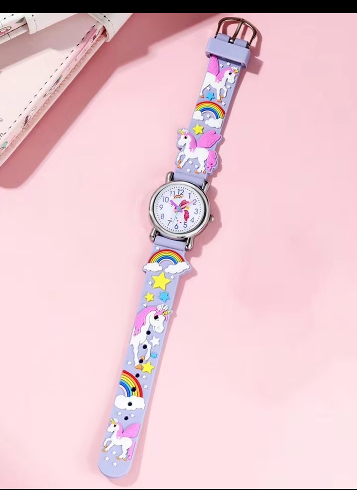 Kids' 3D Cartoon Unicorn Analog Watch, Cute Colorful Learning Time Quartz Wristwatch for Girls with Rainbow Silicone Strap 2