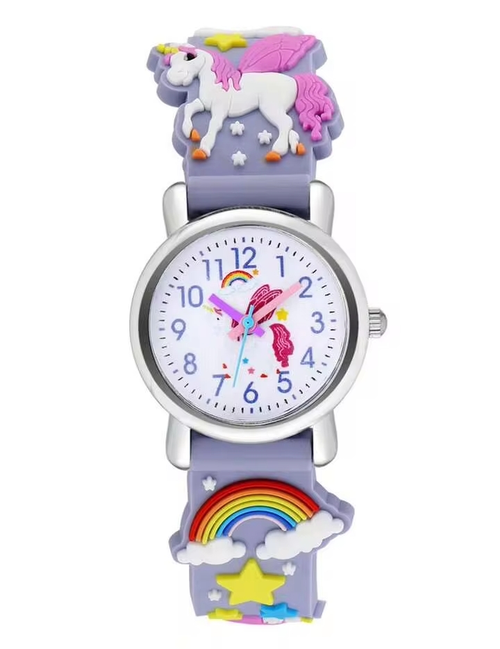 Kids' 3D Cartoon Unicorn Analog Watch, Cute Colorful Learning Time Quartz Wristwatch for Girls with Rainbow Silicone Strap 3