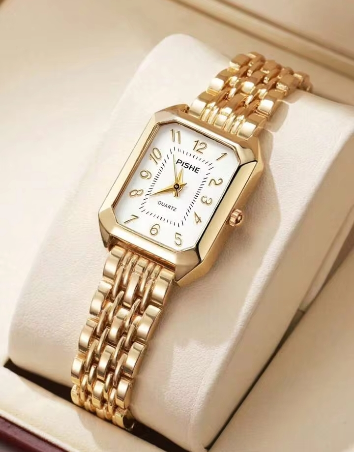 Women's Vintage Rectangular Gold Watch, Elegant Octagonal Bezel Quartz Dress Wristwatch with White Dial & Textured Link Bracelet