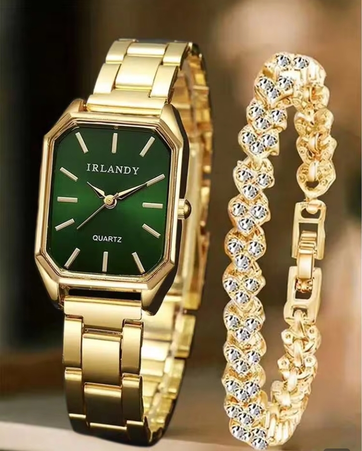 Women's Vintage Octagonal Gold Watch and Bracelet Set, Elegant Emerald Green Dial Quartz Wristwatch with Matching Rhinestone Luxury Link Bracelet