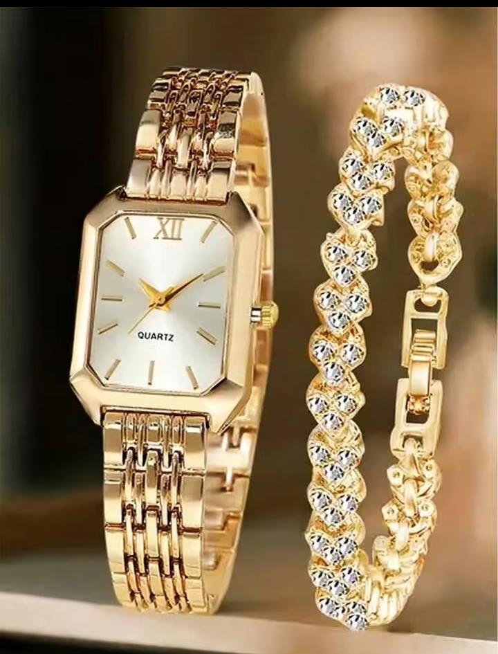 Women's Vintage Octagonal Gold Watch and Bracelet Set, Elegant Emerald Green Dial Quartz Wristwatch with Matching Rhinestone Luxury Link Bracelet
