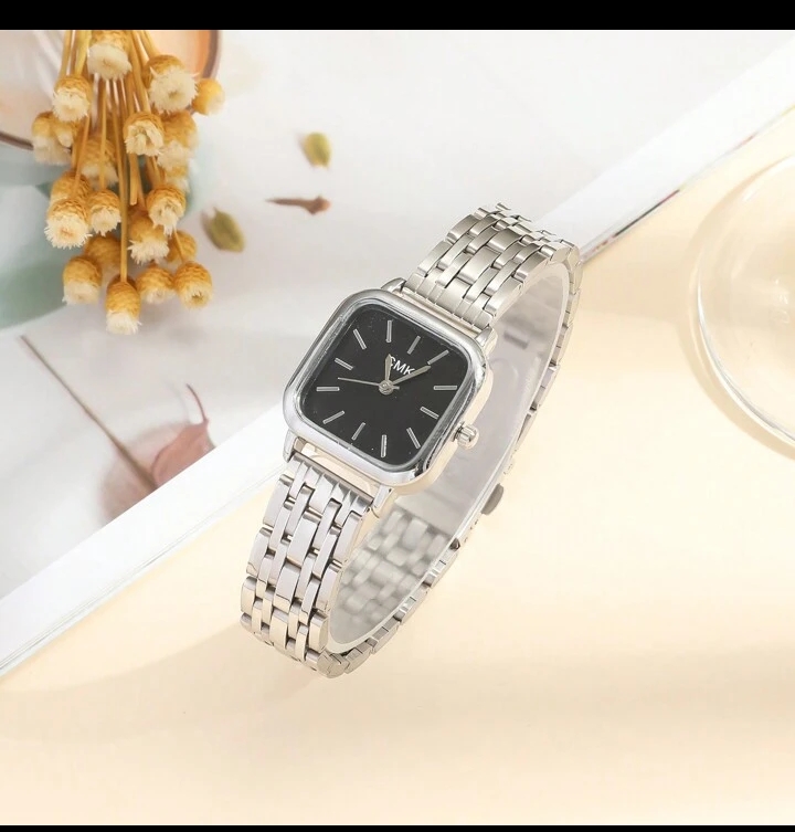 Women's Minimalist Square Silver Watch and Bracelet Set, Elegant Quartz Dress Wristwatch with Black Dial & Sleek Metallic Bar Accent Jewelry