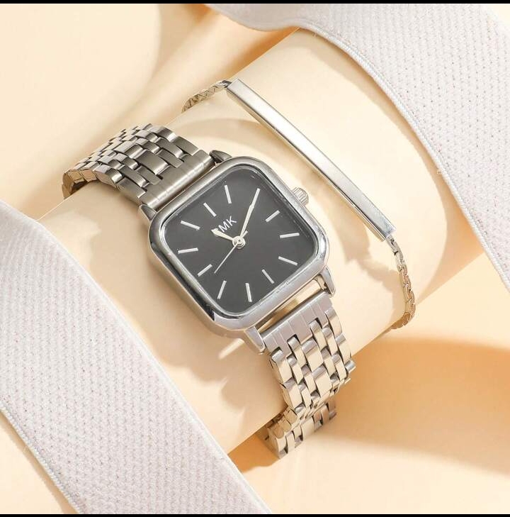 Women's Minimalist Square Silver Watch and Bracelet Set, Elegant Quartz Dress Wristwatch with Black Dial & Sleek Metallic Bar Accent Jewelry 2