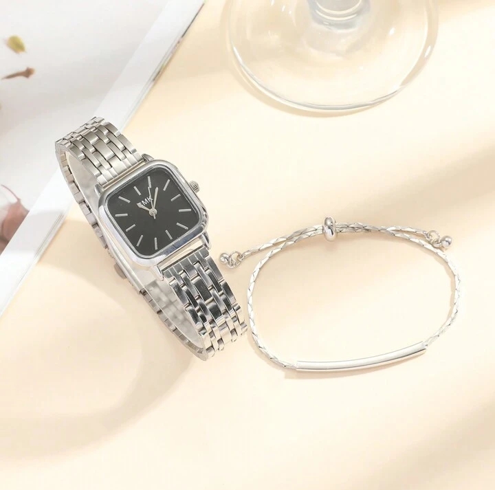 Women's Minimalist Square Silver Watch and Bracelet Set, Elegant Quartz Dress Wristwatch with Black Dial & Sleek Metallic Bar Accent Jewelry 3
