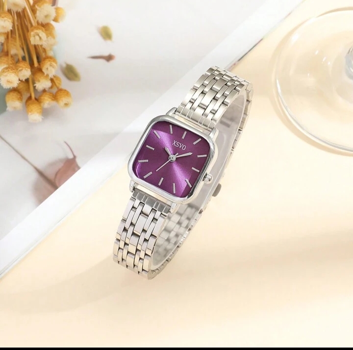 Women's Minimalist Square Silver Watch and Bracelet Set, Elegant Quartz Dress Wristwatch with Purple Sunray Dial & Sleek Metallic Bar Accent Jewelry