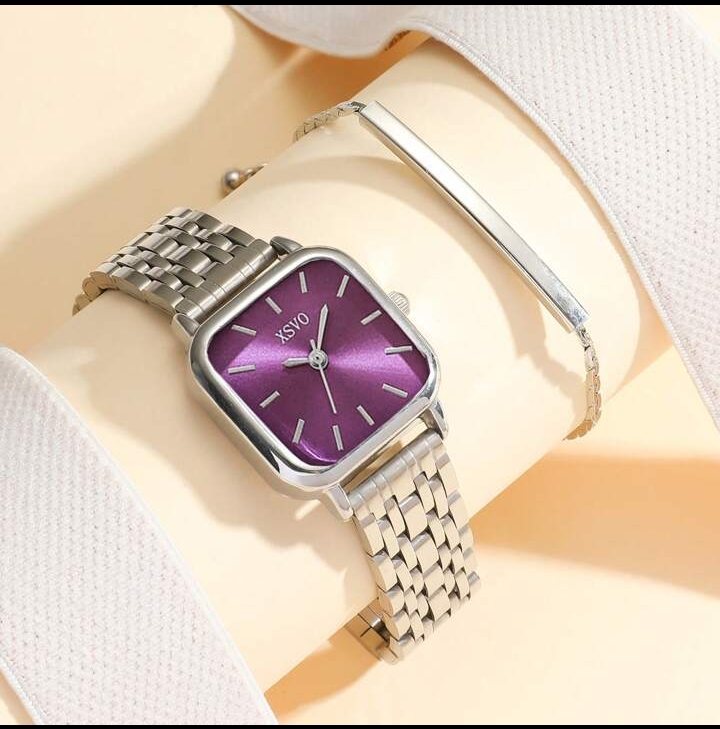 Women's Minimalist Square Silver Watch and Bracelet Set, Elegant Quartz Dress Wristwatch with Purple Sunray Dial & Sleek Metallic Bar Accent Jewelry 2