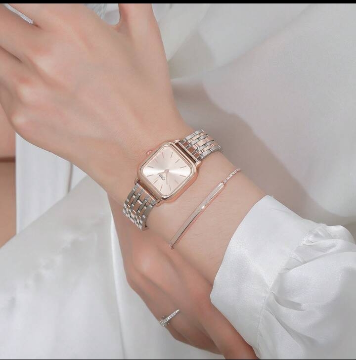 Women's Minimalist Square Two-Tone Rose Gold Watch and Bracelet Set, Elegant Quartz Dress Wristwatch with Sunray Dial & Sleek Metallic Bar Accent Jewelry