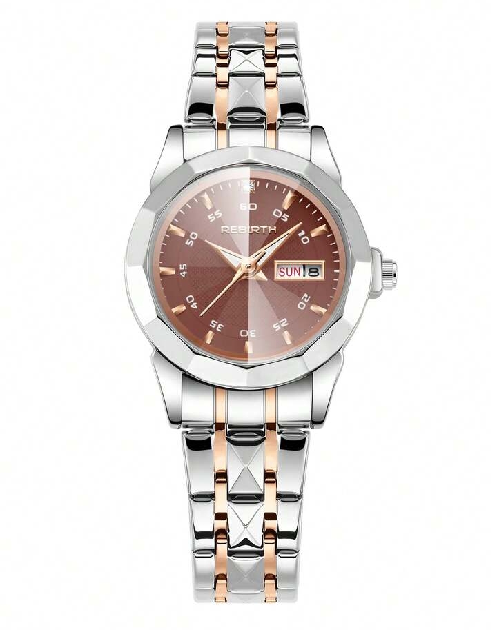 Women's Elegant Two-Tone Quartz Dress Watch, Sophisticated Silver & Rose Gold Multi-Link Wristwatch with Sunray Brown Dial & Day-Date Display 3