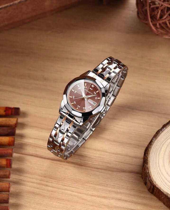 Women's Elegant Two-Tone Quartz Dress Watch, Sophisticated Silver & Rose Gold Multi-Link Wristwatch with Sunray Brown Dial & Day-Date Display 2