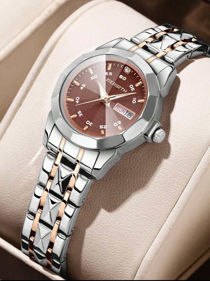 Women's Elegant Two-Tone Quartz Dress Watch, Sophisticated Silver & Rose Gold Multi-Link Wristwatch with Sunray Brown Dial & Day-Date Display