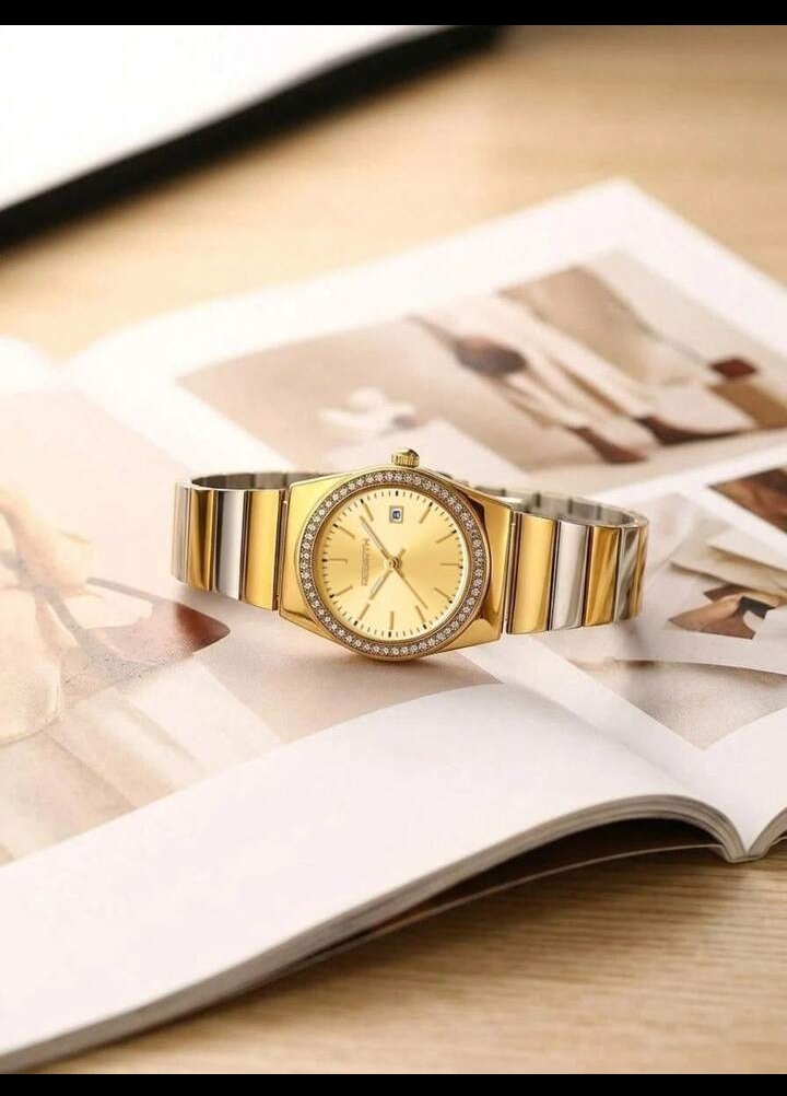 Women's Luxurious Rhinestone-Bezel Dress Watch, Two-Tone Gold & Silver Stainless Steel Quartz Wristwatch with Sunray Dial & Date Display