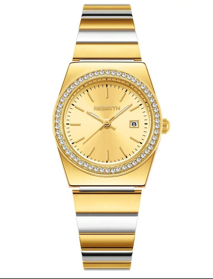 Women's Luxurious Rhinestone-Bezel Dress Watch, Two-Tone Gold & Silver Stainless Steel Quartz Wristwatch with Sunray Dial & Date Display 2