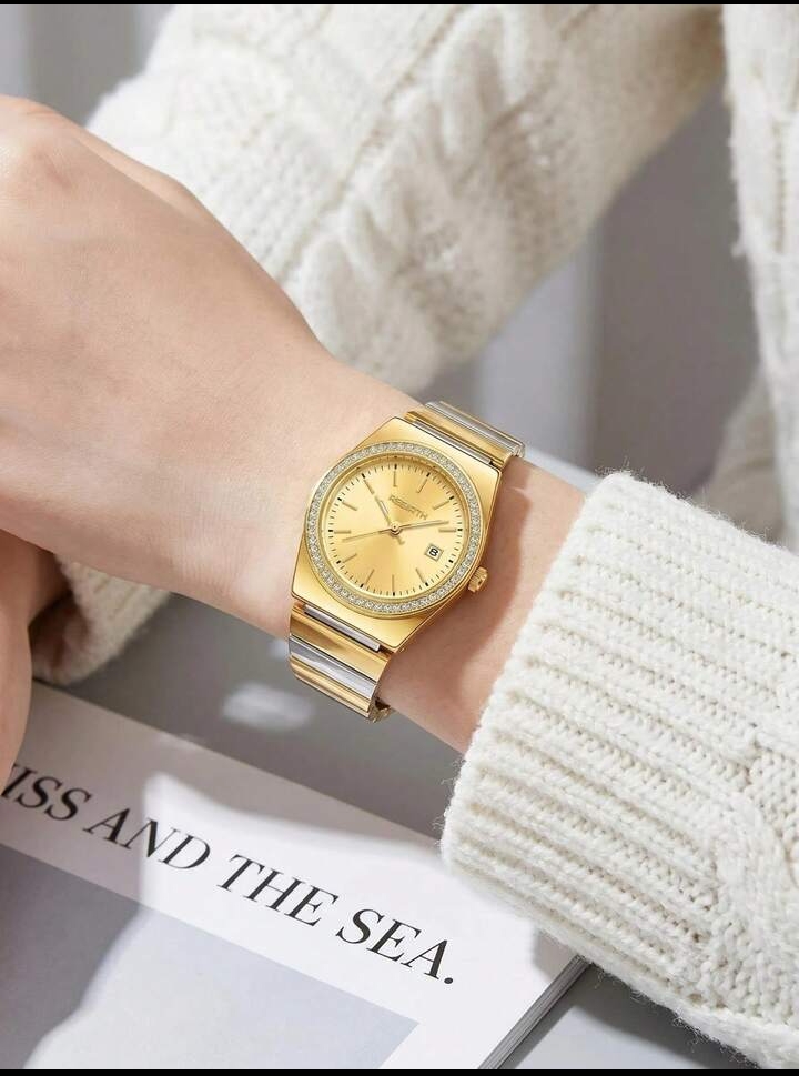 Women's Luxurious Rhinestone-Bezel Dress Watch, Two-Tone Gold & Silver Stainless Steel Quartz Wristwatch with Sunray Dial & Date Display 3