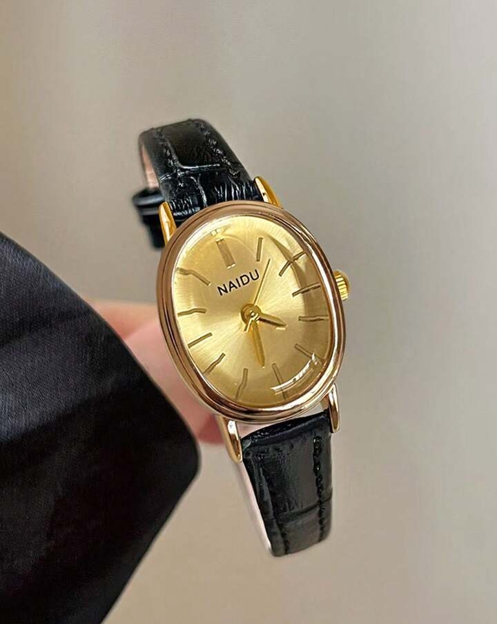 Women's Minimalist Oval Dress Watch, Elegant Gold-Tone Quartz Wristwatch with Classic Black Faux-Leather Strap 2