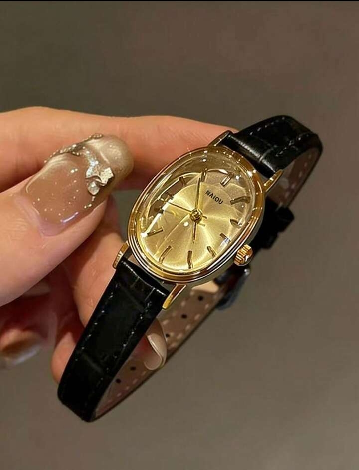 Women's Minimalist Oval Dress Watch, Elegant Gold-Tone Quartz Wristwatch with Classic Black Faux-Leather Strap